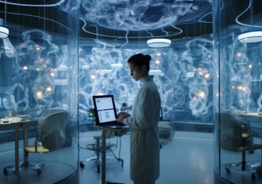 Un científico sentado dentro de un techo de cristal, en una escena meticulosamente elaborada con tonos de pantalla y temática médica, al estilo de Elisa Breton.
