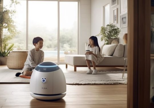 "Niños jugando alegremente con un robot en una sala de estar, en un ambiente sereno y preciso, con tonos de beige claro y azul oscuro."