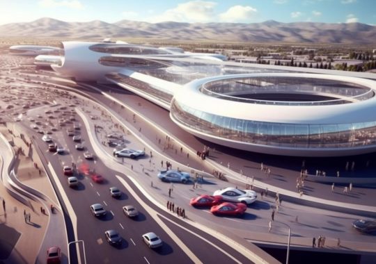 Una vista aérea de un aeropuerto futurista con autos estacionados, presentando formas orgánicas y fluidas que evocan lujo y opulencia, en el estilo de la caligrafía árabe hurufiyya y el neo-academismo.