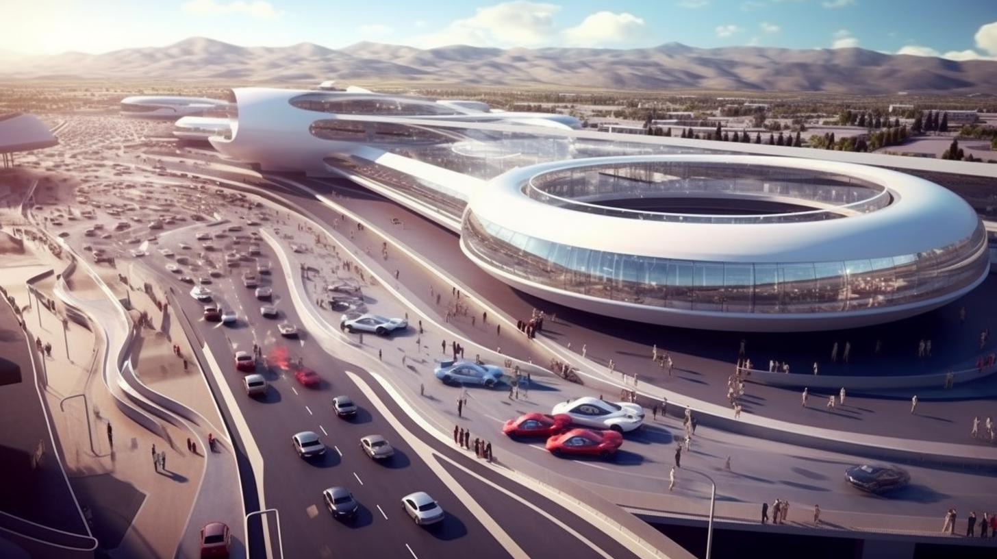 Una vista aérea de un aeropuerto futurista con autos estacionados, presentando formas orgánicas y fluidas que evocan lujo y opulencia, en el estilo de la caligrafía árabe hurufiyya y el neo-academismo.