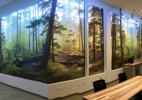 Un mural de un bosque y árboles en un laboratorio, iluminado y realista al estilo de la escuela de Vancouver, con columnas y tótems que crean siluetas.