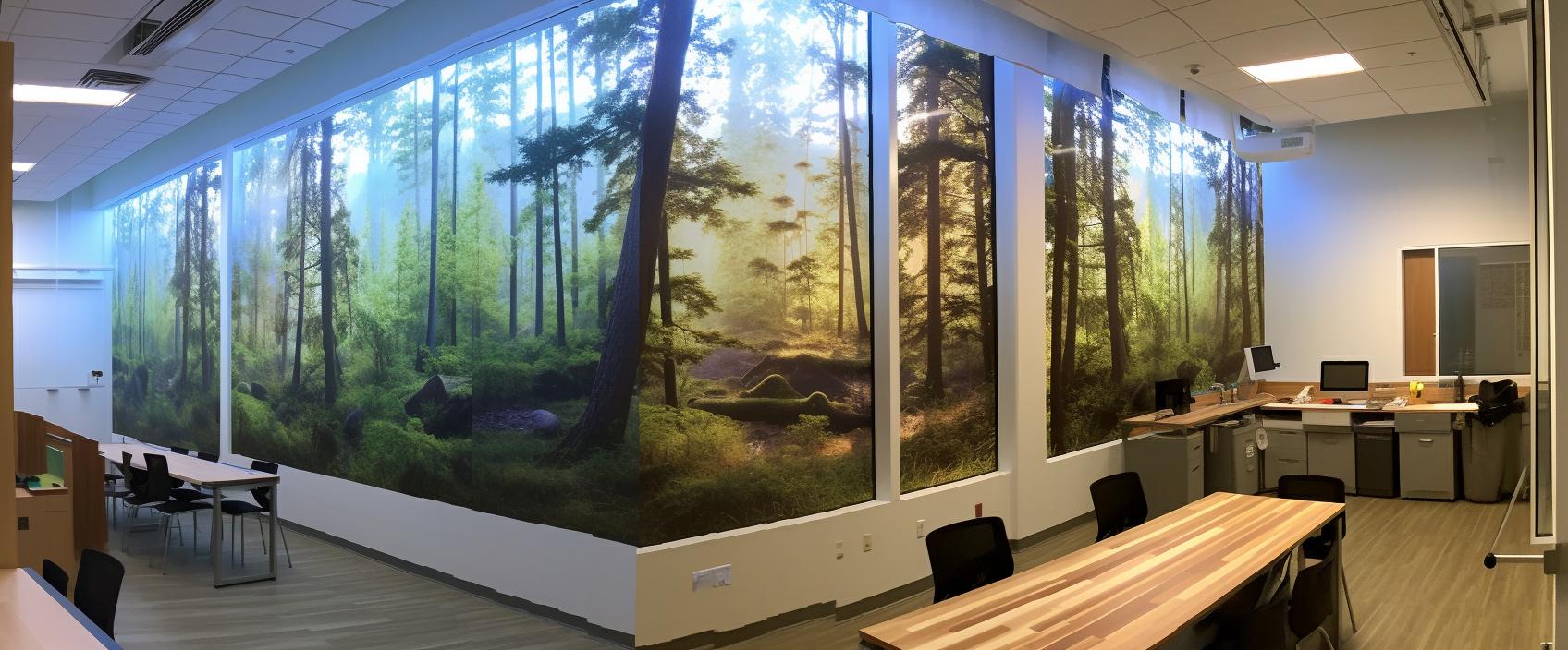 Un mural de un bosque y árboles en un laboratorio, iluminado y realista al estilo de la escuela de Vancouver, con columnas y tótems que crean siluetas.