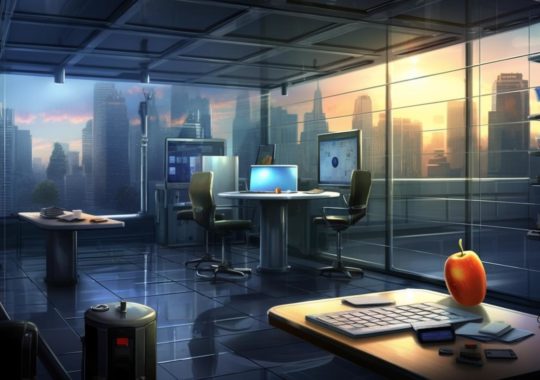 Una oficina futurista con un portátil y un monitor, con un paisaje urbano de Nueva York en estilo de arte de videojuego 2D y realismo fotográfico, con tonos naranjas e índigos, inspirada en el arte de la cámara de seguridad y las obras de Masamune Shirow y Leonid Afremov.