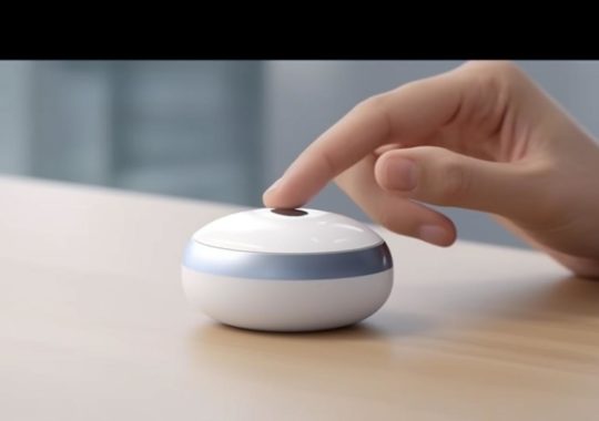 Un dispositivo Xiaomi Mi Air blanco con un dedo posicionado sobre él, en un ambiente borroso y onírico, rodeado de esculturas esféricas, con un tono gris claro y azul marino, evocando las reacciones químicas y el estilo artístico de Ayako Rokkaku.