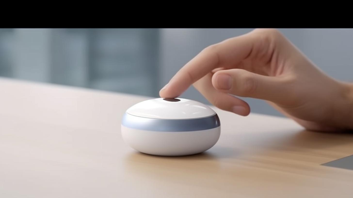 Un dispositivo Xiaomi Mi Air blanco con un dedo posicionado sobre él, en un ambiente borroso y onírico, rodeado de esculturas esféricas, con un tono gris claro y azul marino, evocando las reacciones químicas y el estilo artístico de Ayako Rokkaku.