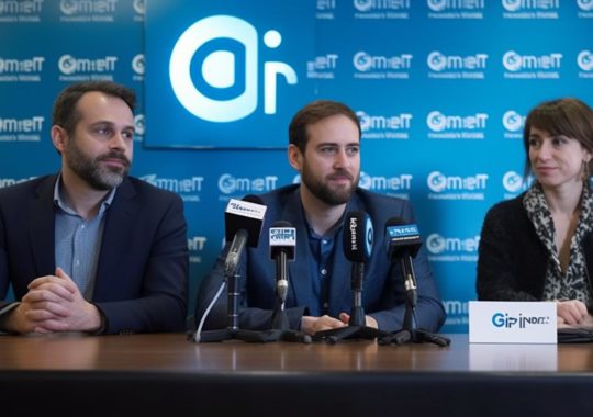 "Daniel Vazos y Peter Kadim en una conferencia de prensa, ilustrados en un estilo vibrante y detallado, con tonos cian y azul, evocando la estética de los artistas Conrad Roset, Ismail Inceoglu y Greg Olsen."