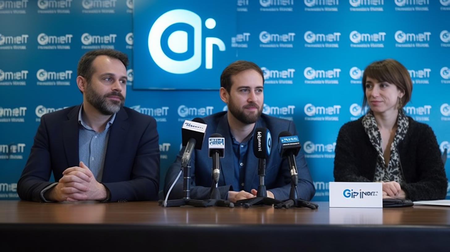 "Daniel Vazos y Peter Kadim en una conferencia de prensa, ilustrados en un estilo vibrante y detallado, con tonos cian y azul, evocando la estética de los artistas Conrad Roset, Ismail Inceoglu y Greg Olsen."