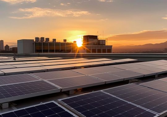 "Un pequeño conjunto de paneles solares en la azotea de un edificio al atardecer, con un estilo industrial brutalista, lleno de alegría y optimismo, con una atmósfera impresionante y elementos reciclados."