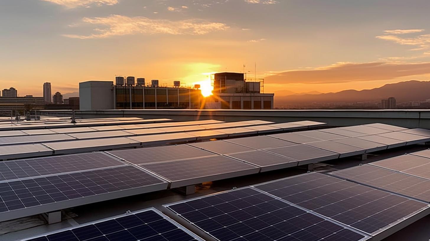 "Un pequeño conjunto de paneles solares en la azotea de un edificio al atardecer, con un estilo industrial brutalista, lleno de alegría y optimismo, con una atmósfera impresionante y elementos reciclados."