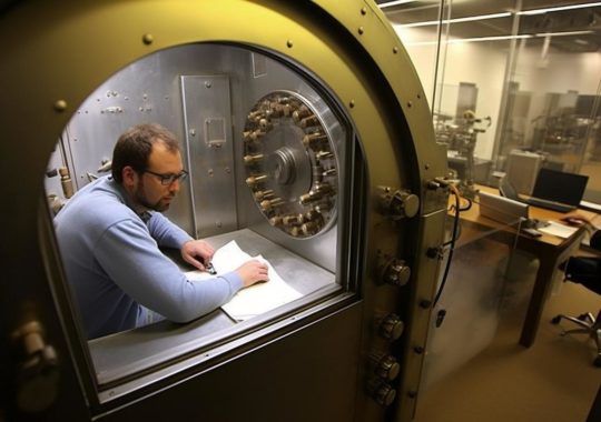 Un hombre trabajando en el interior de una gran caja fuerte, en un ambiente de academia diversa y atmósfera fotográfica.