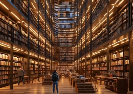 "Una persona caminando en una biblioteca llena de estantes y libros, con una atmósfera hiperrealista y tonos mesoamericanos, capturada desde un ángulo alto."