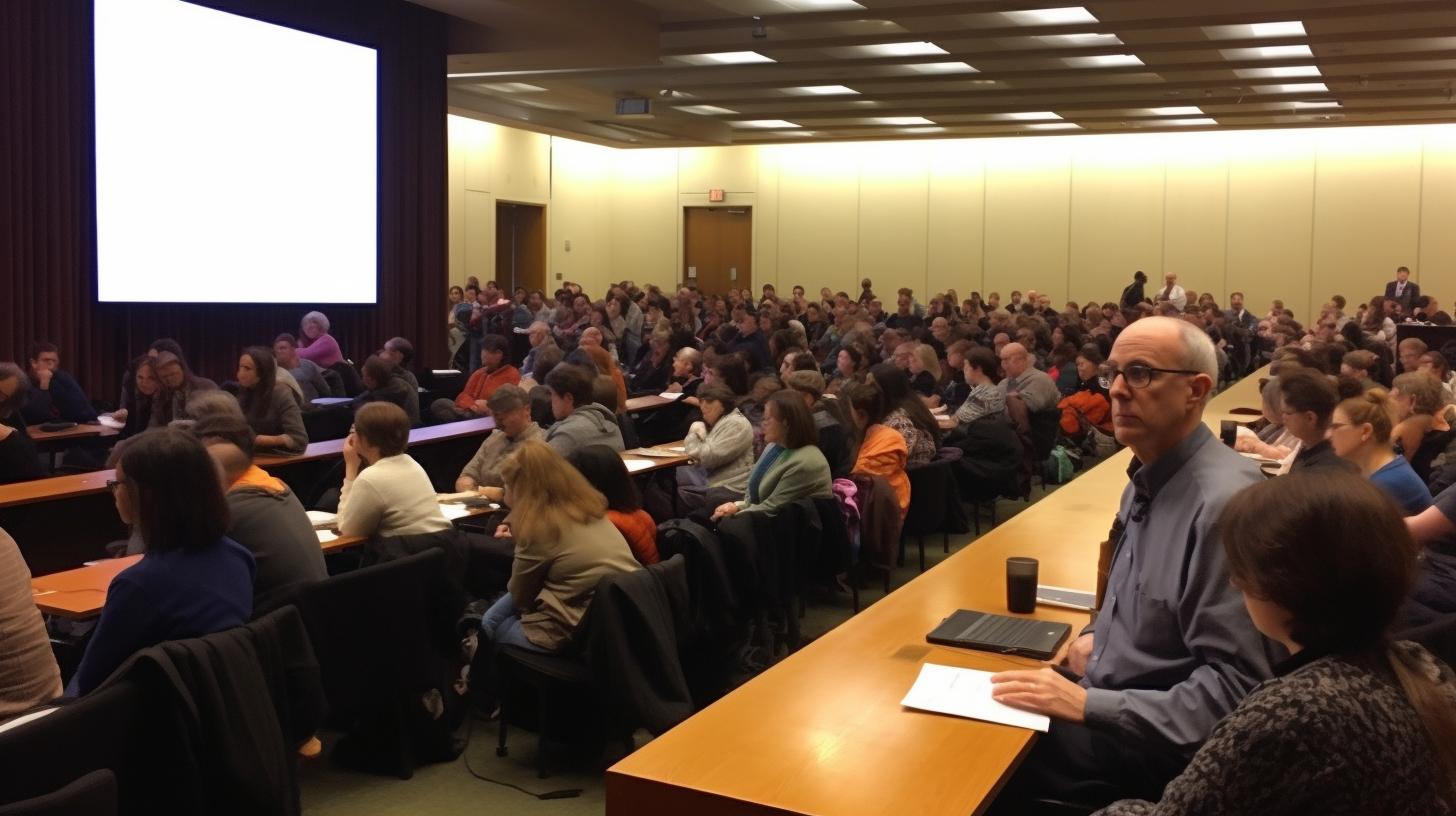 "Una multitud atenta asiste a una conferencia en un amplio auditorio, con un estilo de tonos grises oscuros y naranjas, evocando el estilo artístico de Greg Rutkowski, Grant Wood y Jeff Danziger."