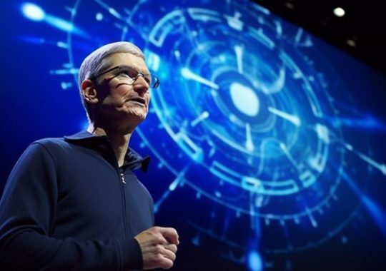 Tim Cook, CEO de Apple, sosteniendo un iPad, con un fondo circular que evoca simbolismo cósmico, en tonos azul marino y azul cielo, con un estilo detallado y una cuadrícula, inspirado en el arte de Alex Ross.