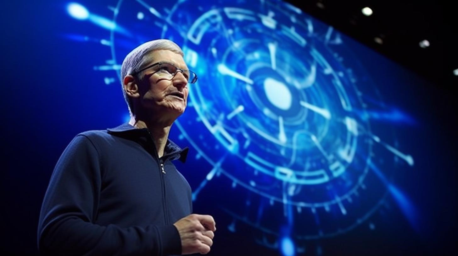 Tim Cook, CEO de Apple, sosteniendo un iPad, con un fondo circular que evoca simbolismo cósmico, en tonos azul marino y azul cielo, con un estilo detallado y una cuadrícula, inspirado en el arte de Alex Ross.