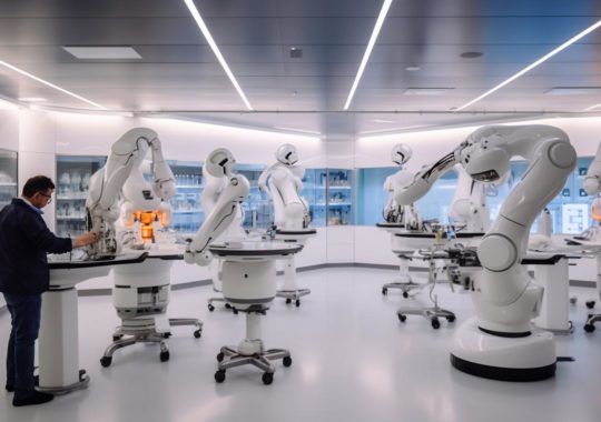 "Imagen de un laboratorio de oficina futurista con robots innovadores, ambientado en un entorno grandioso y surrealista, con una estética metálica y rotativa inspirada en los artistas Jean Fouquet y Tomàs Barceló."