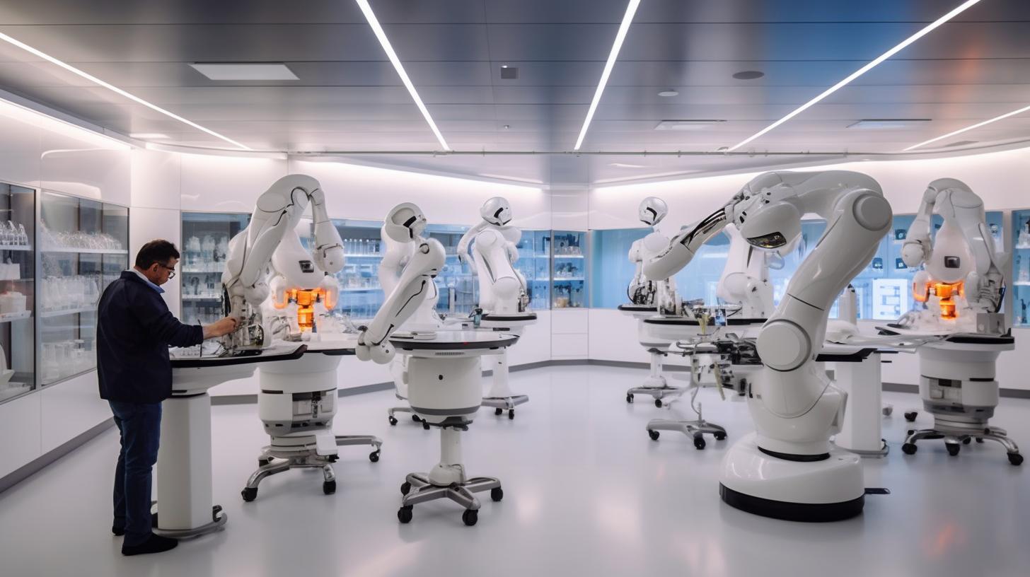 "Imagen de un laboratorio de oficina futurista con robots innovadores, ambientado en un entorno grandioso y surrealista, con una estética metálica y rotativa inspirada en los artistas Jean Fouquet y Tomàs Barceló."