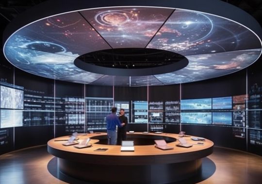 Un hombre se encuentra en medio de una exposición de museo electrónica, rodeado de un impresionante cielo oscuro y detalles arquitectónicos sostenibles en tonos grises y bronce claro, que fusionan estilos del este y oeste con diseños de techo intrincados, creando una narrativa visual cautivadora.