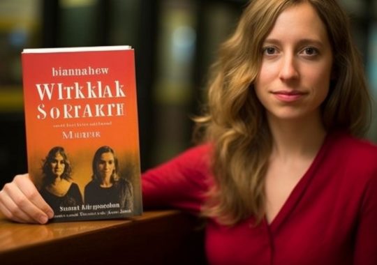 "Mujer sosteniendo un libro titulado 'wijkka sokrat', en un estilo crudo y sin filtros, con tonos de rojo claro y ámbar oscuro, evocando un comentario político."