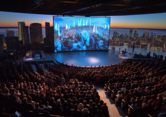 Una vista panorámica hiperrealista de un horizonte urbano proyectado en una gran pantalla sobre una audiencia, con tonos de aguamarina clara y bronce, evocando la dinámica y acción de una fotografía de National Geographic.