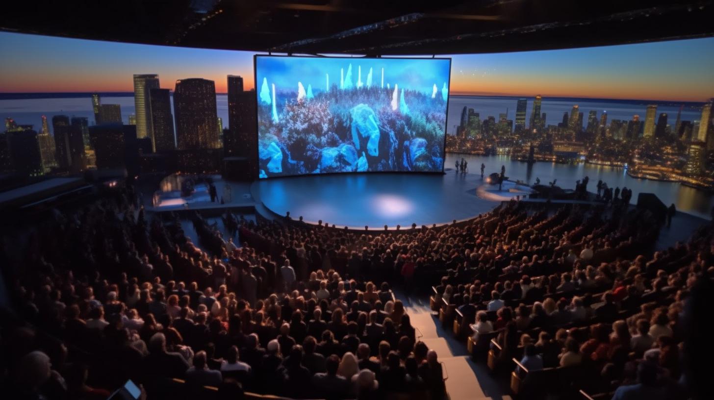 Una vista panorámica hiperrealista de un horizonte urbano proyectado en una gran pantalla sobre una audiencia, con tonos de aguamarina clara y bronce, evocando la dinámica y acción de una fotografía de National Geographic.