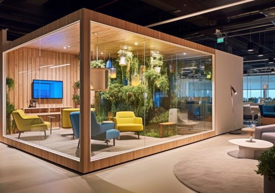 Una oficina moderna decorada con plantas y muebles contemporáneos, en tonos oscuros de amarillo y azul claro, construida con marcos de madera, que refleja una sensación de interactividad y realismo, con escenas al aire libre y un enfoque en los materiales utilizados.