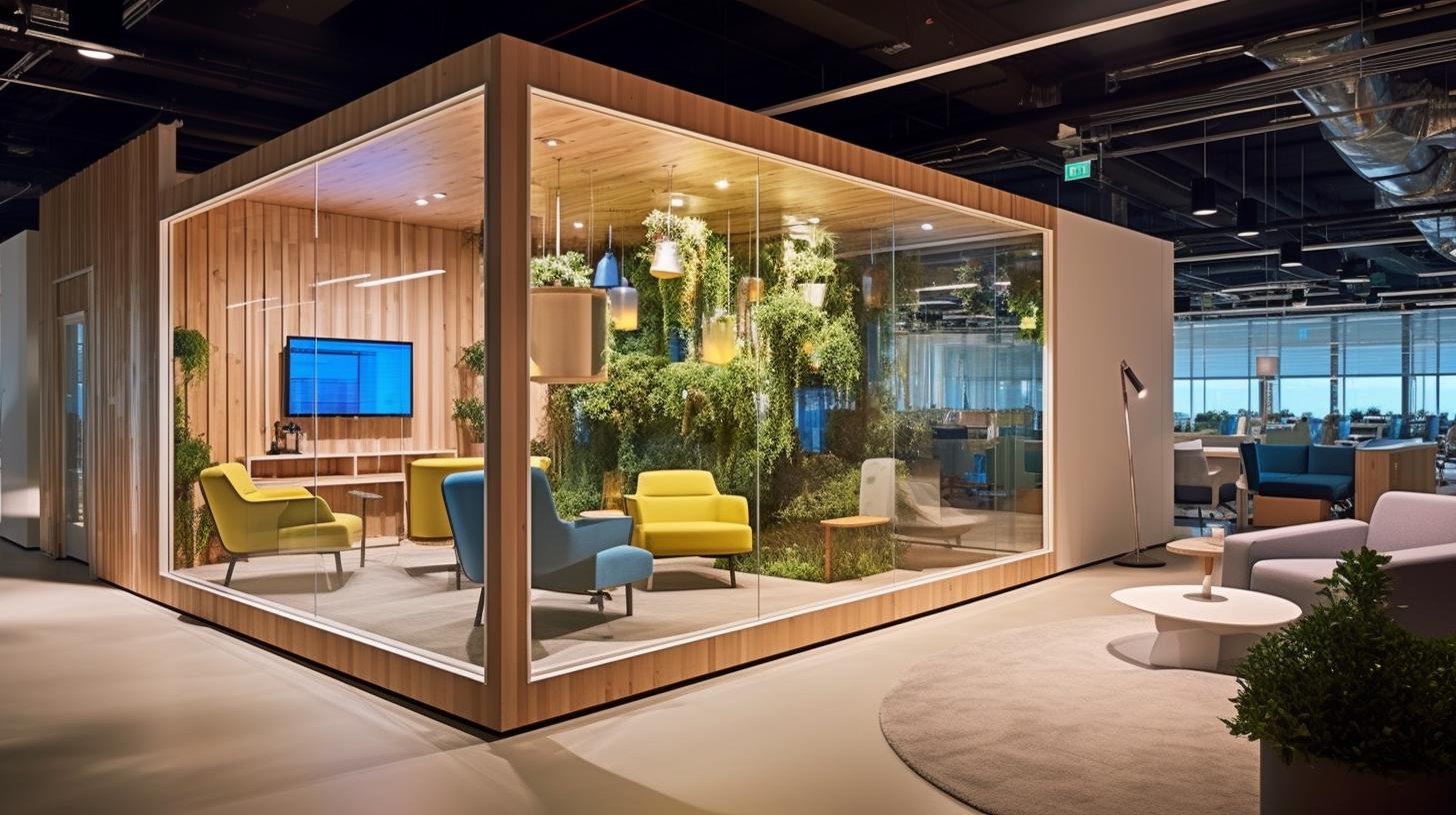 Una oficina moderna decorada con plantas y muebles contemporáneos, en tonos oscuros de amarillo y azul claro, construida con marcos de madera, que refleja una sensación de interactividad y realismo, con escenas al aire libre y un enfoque en los materiales utilizados.