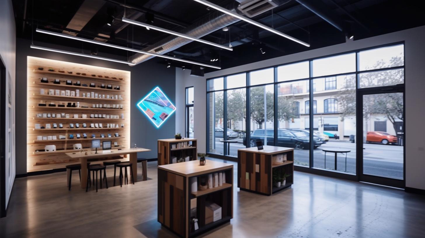 Una tienda de cannabis en Fresno, diseñada con un estilo tecnológico y funcional, con tonos de gris oscuro, azul y toques de ámbar claro y turquesa, evocando una sensación de madera.