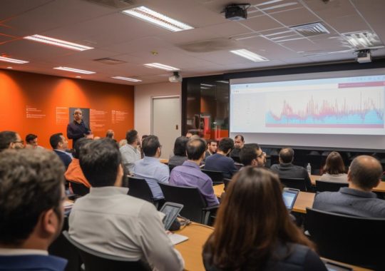 Una sala de reuniones en el Enterprise Center con una pantalla de presentación detrás de un muro de vidrio, donde la audiencia se sienta y observa, todo en tonos naranjas y azul marino, con un estilo que recuerda al artista Joao Ruas y toques de rojo y gris al estilo de Diego Dayer.