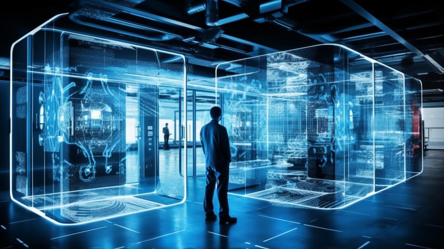 Un hombre observando una sala de computación azul, con estructuras flotantes y precisión de ingeniería, en tonos de cian claro y negro, con figuras realistas.