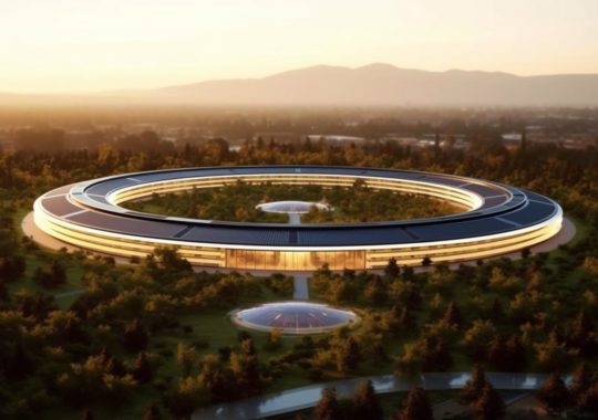 "Una representación fotorealista del campus circular de Apple, rodeado de árboles y con un sutil destello anamórfico, en tonos marrones claros y negros, inspirado en el estilo tradicional del artista Jean Delville."