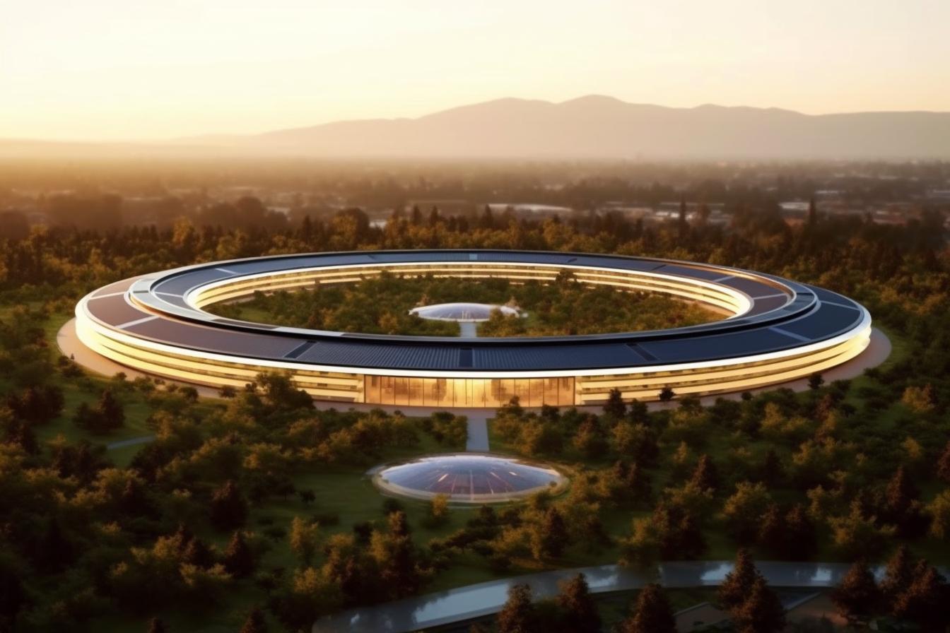 "Una representación fotorealista del campus circular de Apple, rodeado de árboles y con un sutil destello anamórfico, en tonos marrones claros y negros, inspirado en el estilo tradicional del artista Jean Delville."