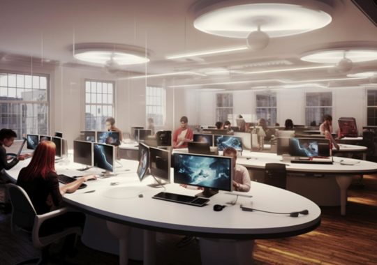 Una oficina llena de personas trabajando en computadoras, iluminada de manera realista, con un estilo que recuerda a la escuela de Nueva York, capturada desde una perspectiva cercana y personal.