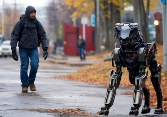 Un hombre y un robot caminando juntos por un camino, rodeados de escombros oxidados y elementos de plástico, en un ambiente académico gris y misterioso, evocando el estilo de los nuevos fauvistas.