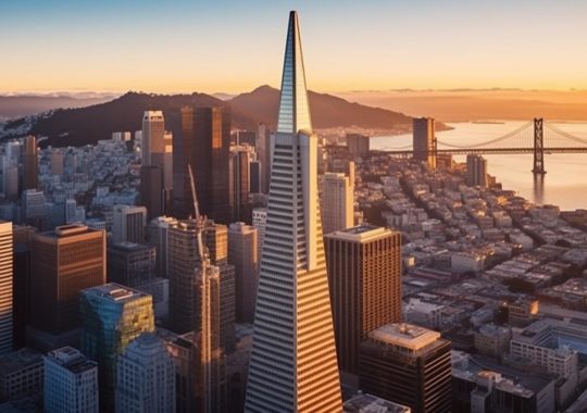 Una vista aérea de una torre en San Francisco durante el atardecer, con un estilo preciso y nítido, inspirado en el trabajo del arquitecto Daniel Libeskind, con un acabado metálico elegante y una sensación rica e inmersiva que evoca la artesanía tradicional.