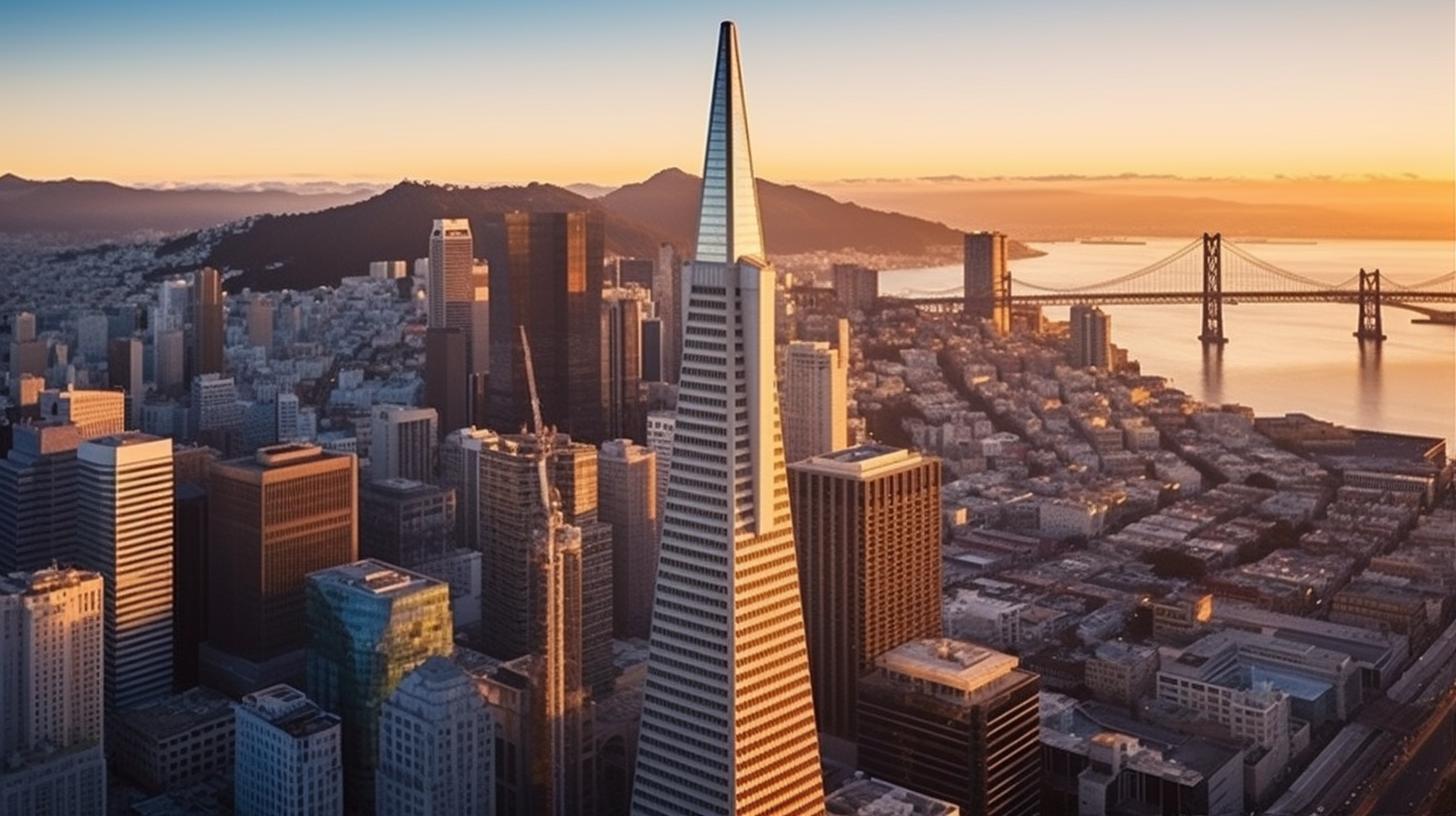 Una vista aérea de una torre en San Francisco durante el atardecer, con un estilo preciso y nítido, inspirado en el trabajo del arquitecto Daniel Libeskind, con un acabado metálico elegante y una sensación rica e inmersiva que evoca la artesanía tradicional.