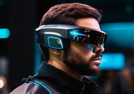 Un hombre con un atuendo futurista y gafas, en un ambiente de tonos turquesa y negro, evocando una estética rollerwave con uso intenso del color.