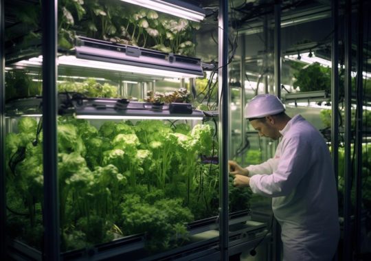 Un hombre examinando cuidadosamente las plantas en un invernadero de biofábrica, iluminado de manera dramática, evocando el estilo realista de las naturalezas muertas, con un toque de arte de supermercado y estética cabincore.