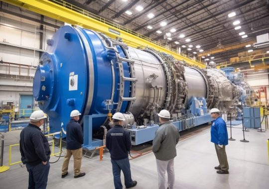 Cuatro trabajadores frente a una enorme máquina azul, cargada de energía y retratada en un estilo precisiónista.